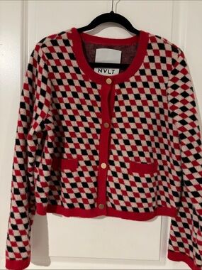 NVLT Red, Black & Cream Geometric Knit Cardigan
